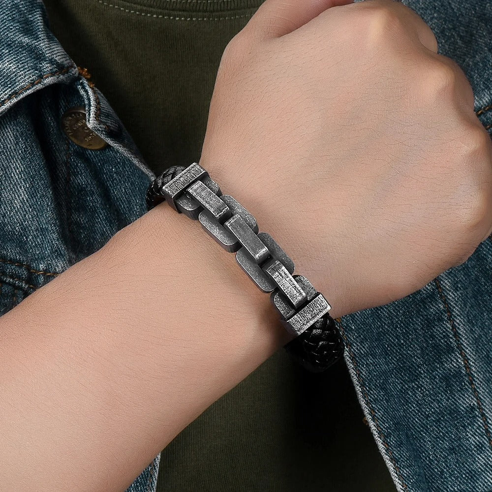 Bracelet Cuir Homme Chaîne Épaisse - Acier Inoxydable
