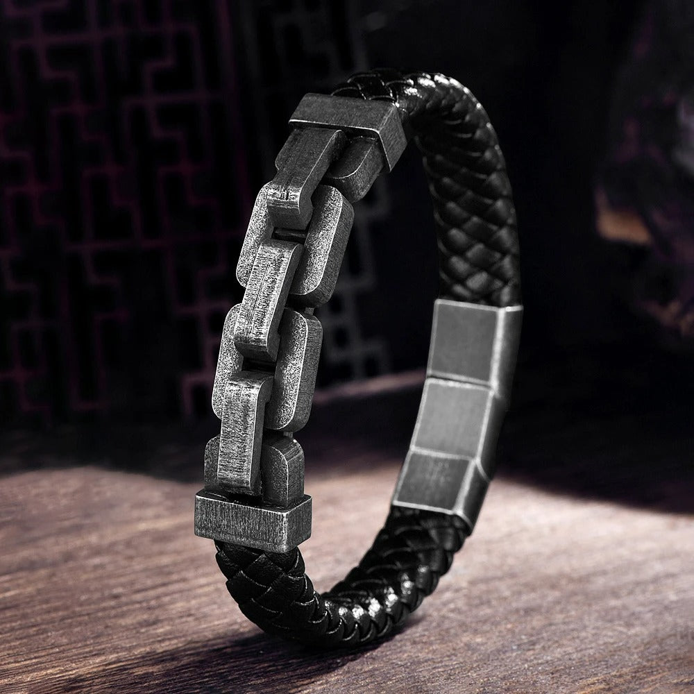 Bracelet Cuir Homme Chaîne Épaisse - Acier Inoxydable