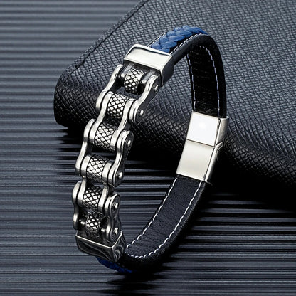 Bracelet Cuir Homme Chaîne Mécanique Acier Inoxydable