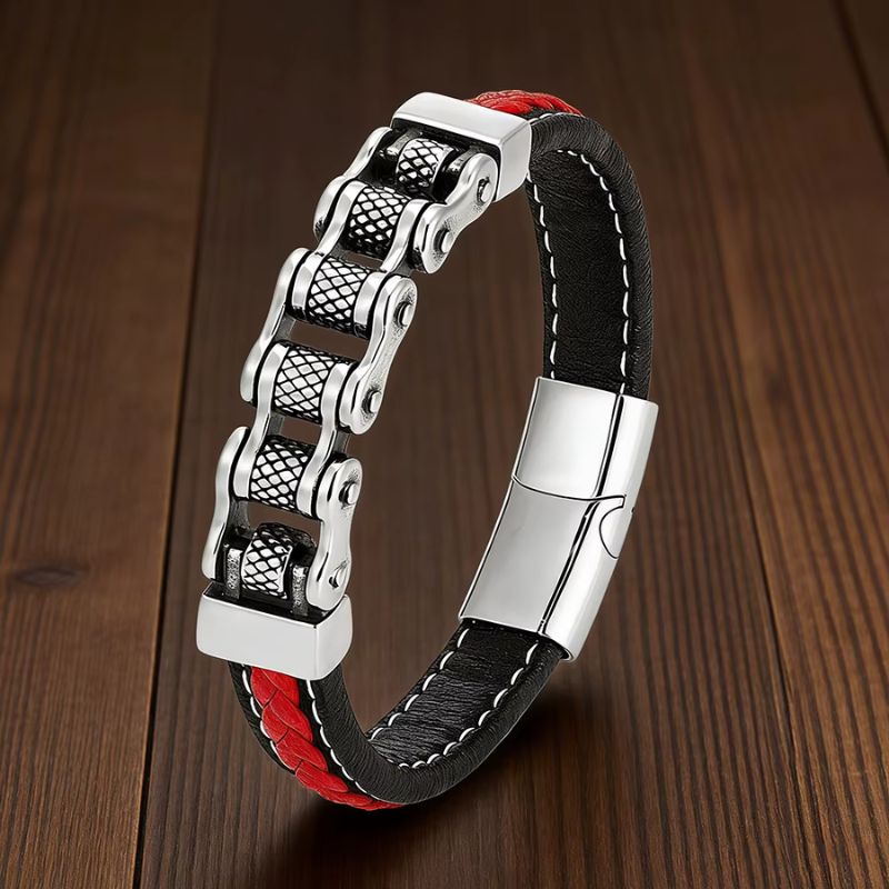 Bracelet Cuir Homme Chaîne Mécanique Acier Inoxydable