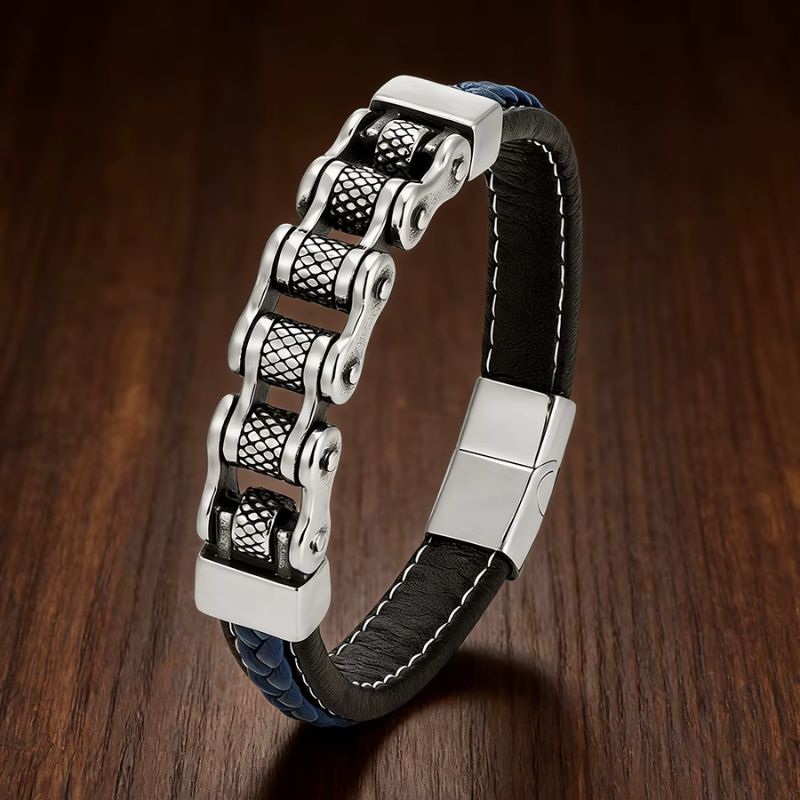 Bracelet Cuir Homme Chaîne Mécanique Acier Inoxydable