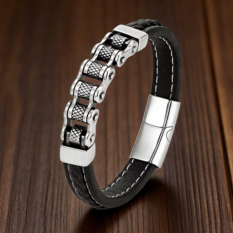 Bracelet Cuir Homme Chaîne Mécanique Acier Inoxydable