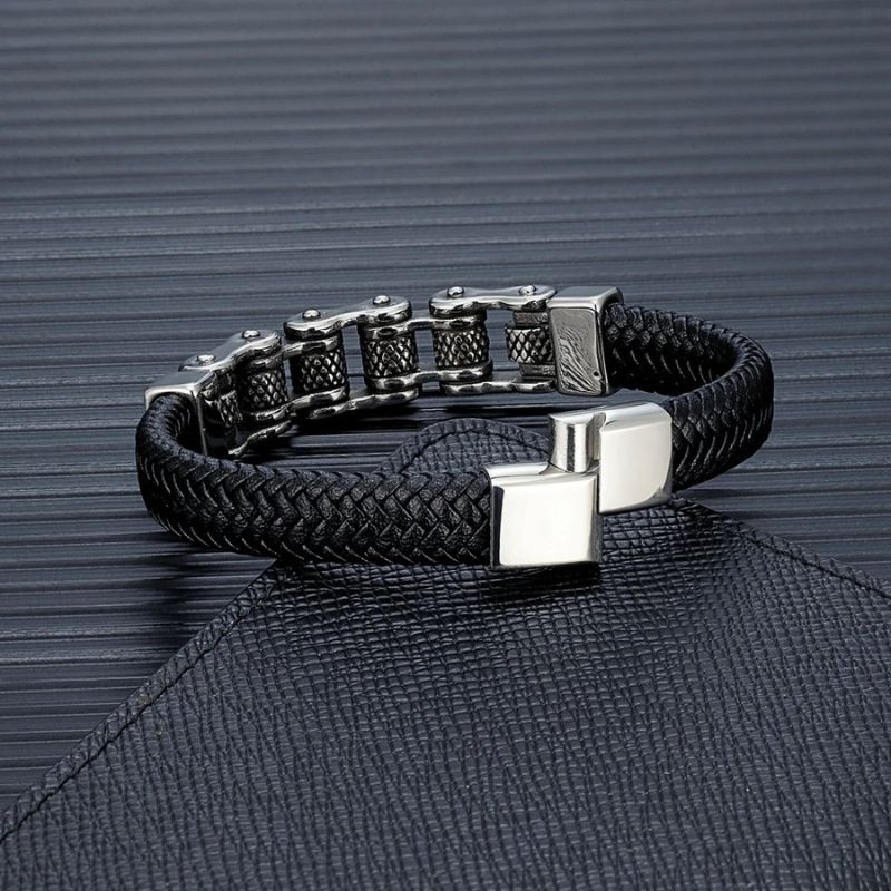 Bracelet Cuir Homme Chaîne Moto Acier Inoxydable
