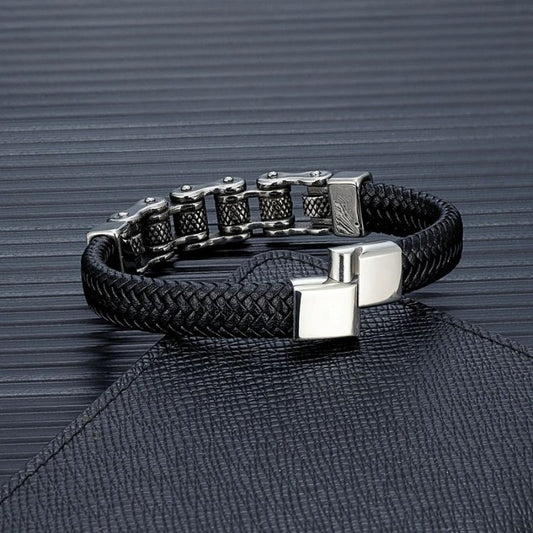 Bracelet Cuir Homme Chaîne Moto Acier Inoxydable