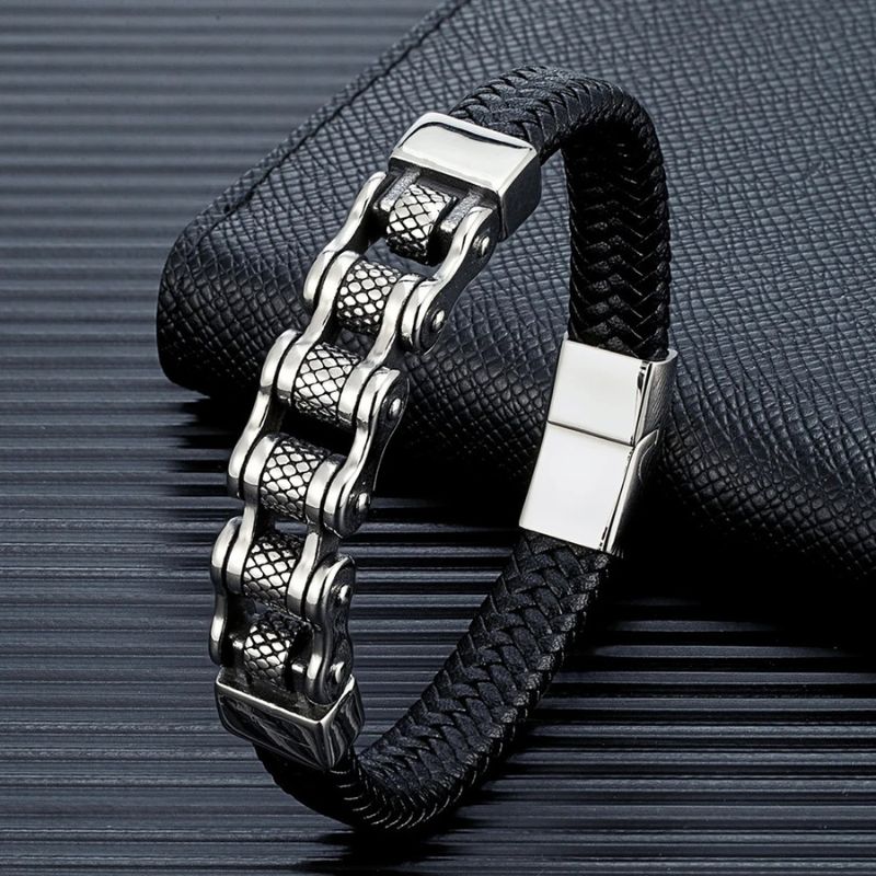 Bracelet Cuir Homme Chaîne Moto Acier Inoxydable