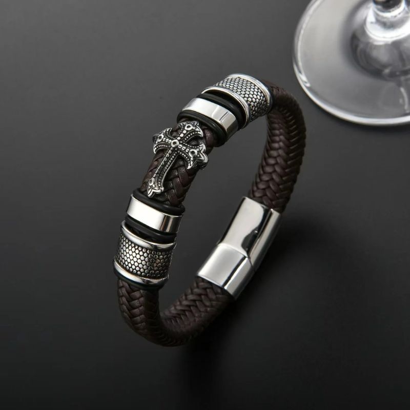 Bracelet Cuir Homme Croix Acier Inoxydable