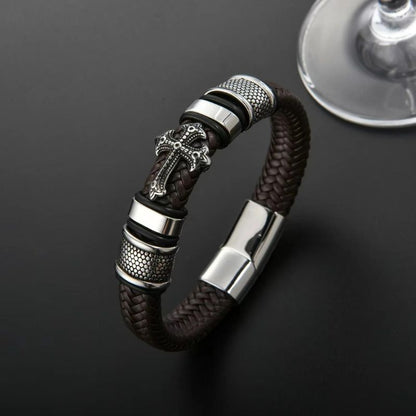 Bracelet Cuir Homme Croix Acier Inoxydable