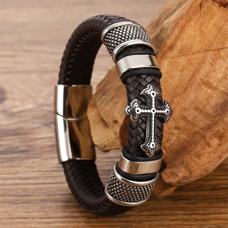 Bracelet Cuir Homme Croix Acier Inoxydable