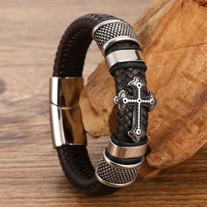 Bracelet Cuir Homme Croix Acier Inoxydable