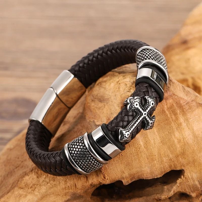 Bracelet Cuir Homme Croix Acier Inoxydable