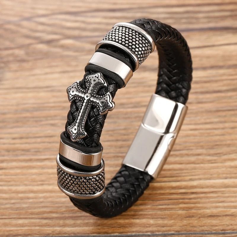 Bracelet Cuir Homme Croix Acier Inoxydable