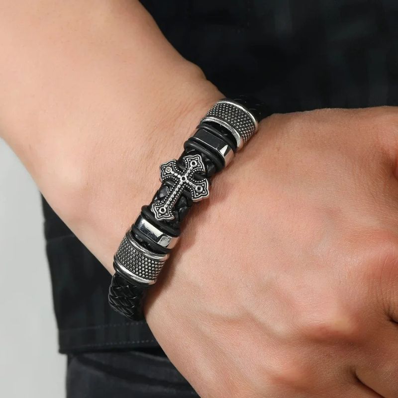 Bracelet Cuir Homme Croix Acier Inoxydable
