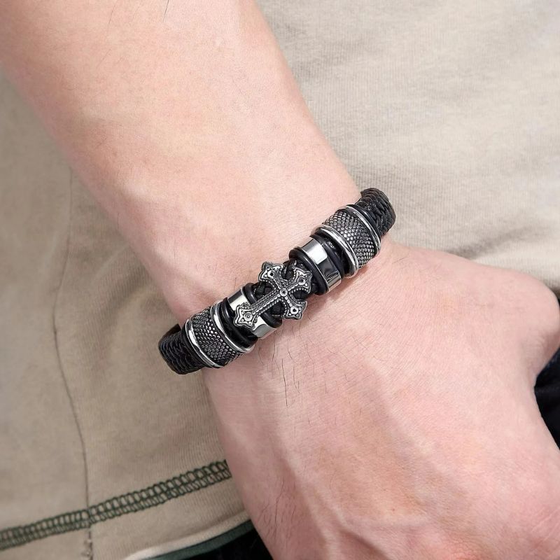 Bracelet Cuir Homme Croix Acier Inoxydable
