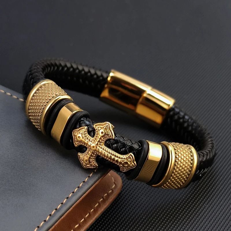 Bracelet Cuir Homme Croix Doré Acier Inoxydable