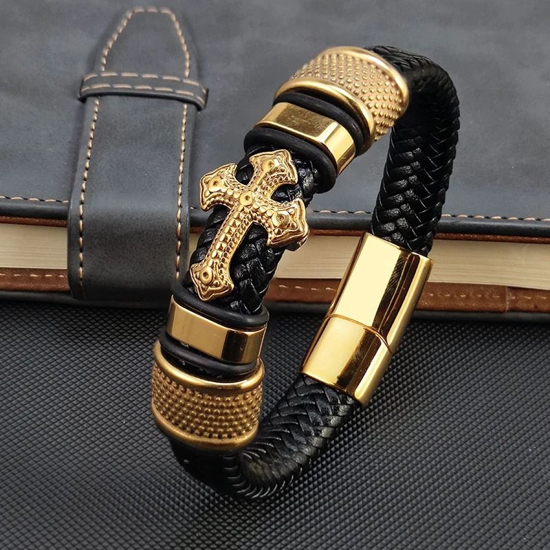 Bracelet Cuir Homme Croix Doré Acier Inoxydable
