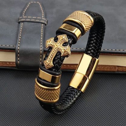 Bracelet Cuir Homme Croix Doré Acier Inoxydable