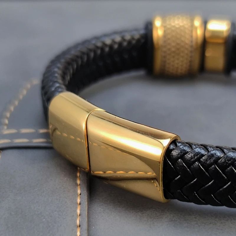 Bracelet Cuir Homme Croix Doré Acier Inoxydable