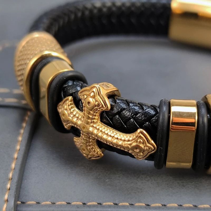 Bracelet Cuir Homme Croix Doré Acier Inoxydable