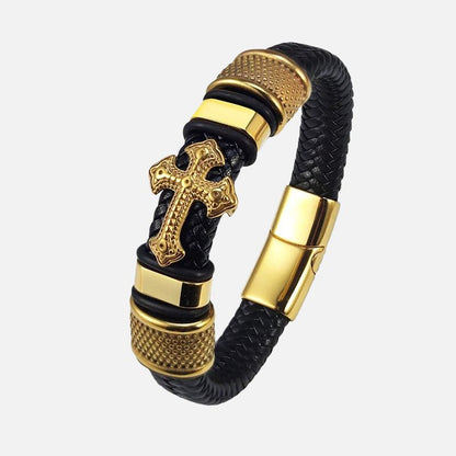 Bracelet Cuir Homme Croix Doré Acier Inoxydable