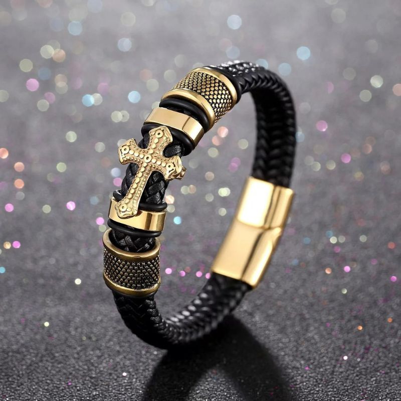Bracelet Cuir Homme Croix Doré Acier Inoxydable