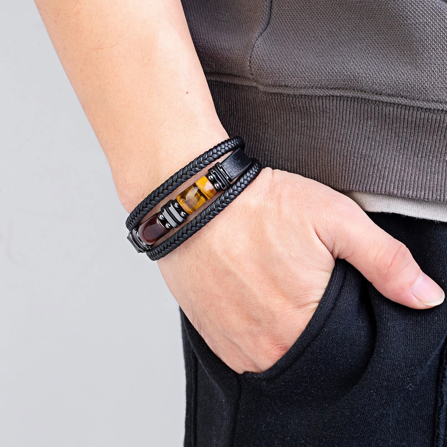 Bracelet Cuir Homme Duo Pierres Naturelles