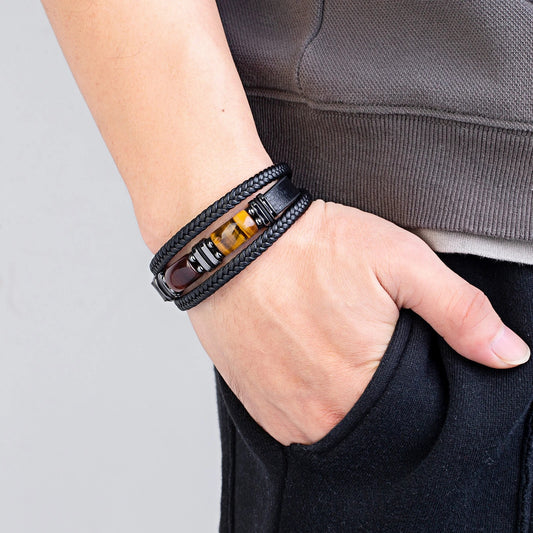 Bracelet Cuir Homme Duo Pierres Naturelles