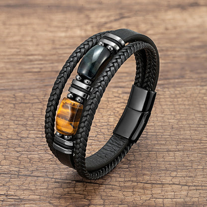 Bracelet Cuir Homme Duo Pierres Naturelles