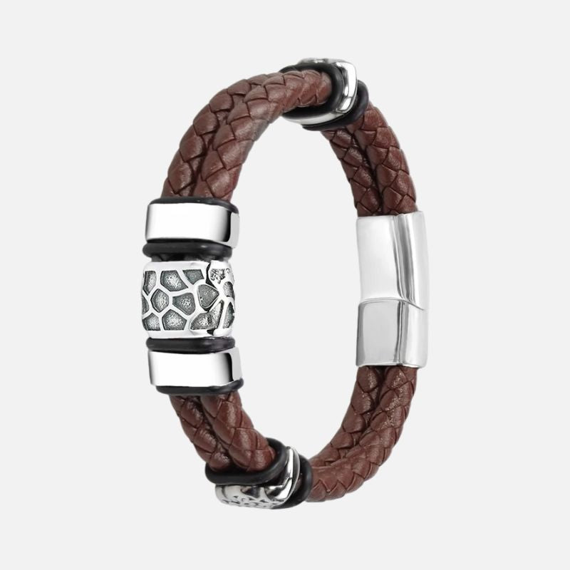 Bracelet Cuir Homme Marron Sculpté - Acier Inoxydable
