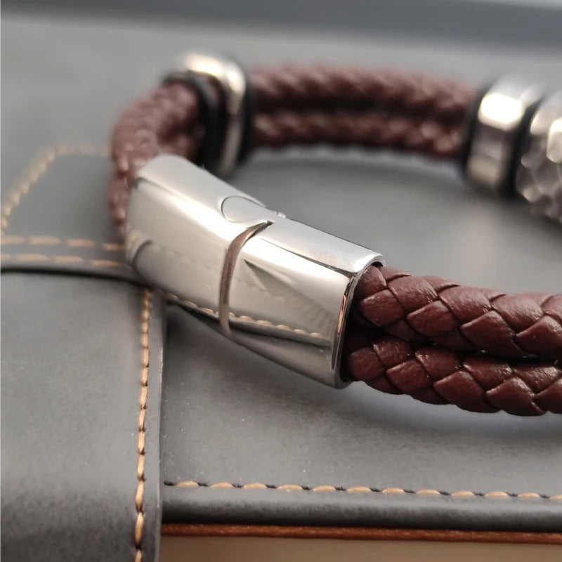 Bracelet Cuir Homme Marron Sculpté - Acier Inoxydable