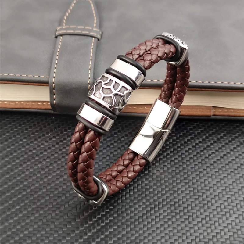 Bracelet Cuir Homme Marron Sculpté - Acier Inoxydable