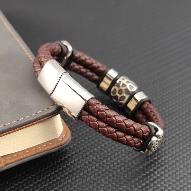 Bracelet Cuir Homme Marron Sculpté - Acier Inoxydable