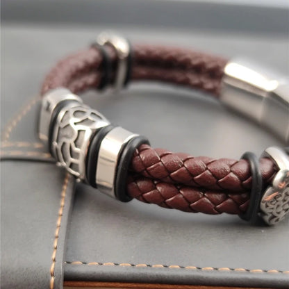 Bracelet Cuir Homme Marron Sculpté - Acier Inoxydable