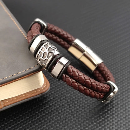 Bracelet Cuir Homme Marron Sculpté - Acier Inoxydable
