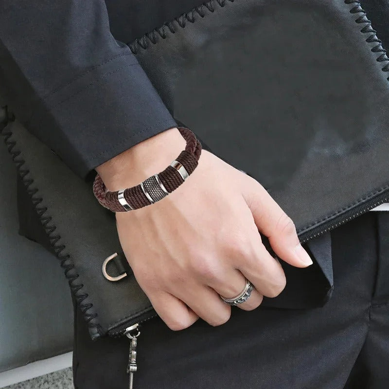 Bracelet Cuir Homme Marron Tressé - Acier Inoxydable