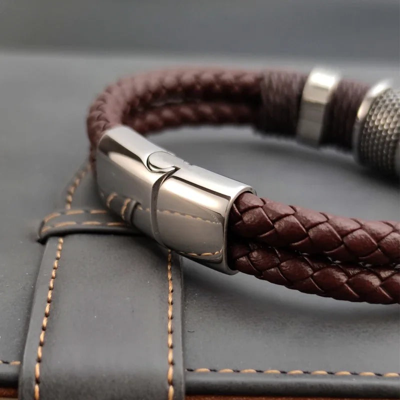 Bracelet Cuir Homme Marron Tressé - Acier Inoxydable