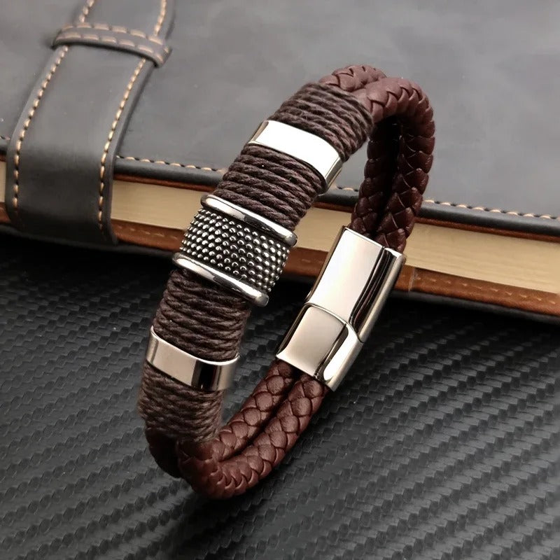 Bracelet Cuir Homme Marron Tressé - Acier Inoxydable