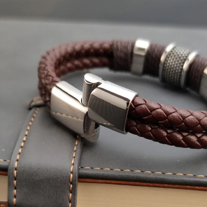 Bracelet Cuir Homme Marron Tressé - Acier Inoxydable