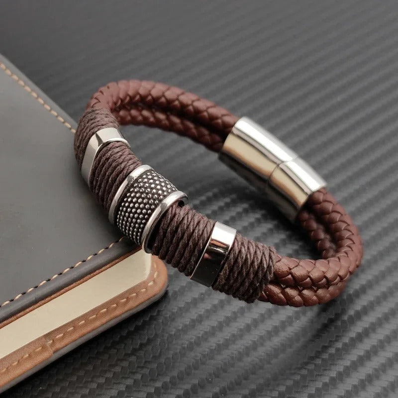 Bracelet Cuir Homme Marron Tressé - Acier Inoxydable