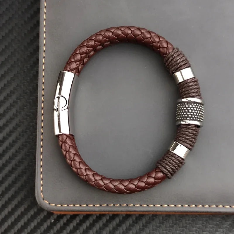 Bracelet Cuir Homme Marron Tressé - Acier Inoxydable