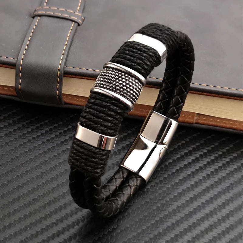 Bracelet Cuir Homme Noir Tressé - Acier Inoxydable