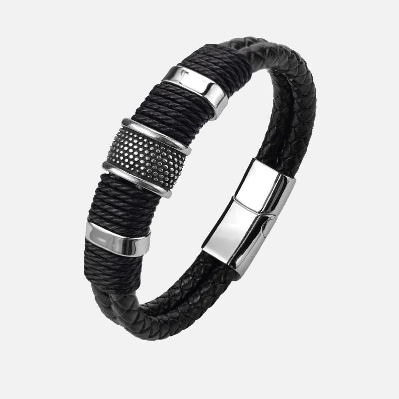 Bracelet Cuir Homme Noir Tressé - Acier Inoxydable