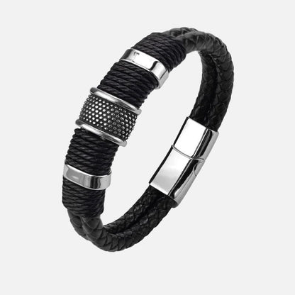 Bracelet Cuir Homme Noir Tressé - Acier Inoxydable