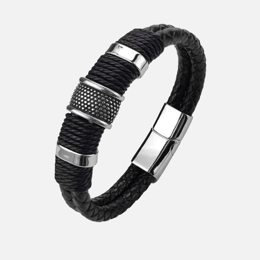 Bracelet Cuir Homme Noir Tressé - Acier Inoxydable