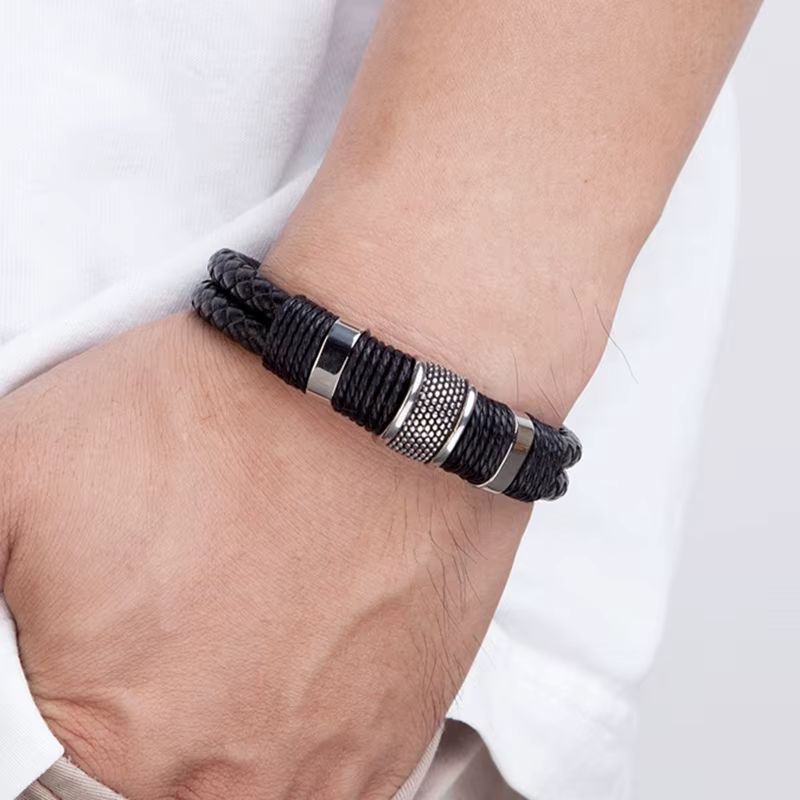 Bracelet Cuir Homme Noir Tressé - Acier Inoxydable