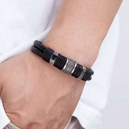 Bracelet Cuir Homme Noir Tressé - Acier Inoxydable