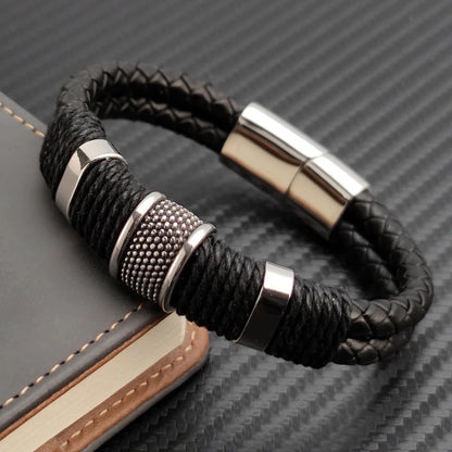 Bracelet Cuir Homme Noir Tressé - Acier Inoxydable