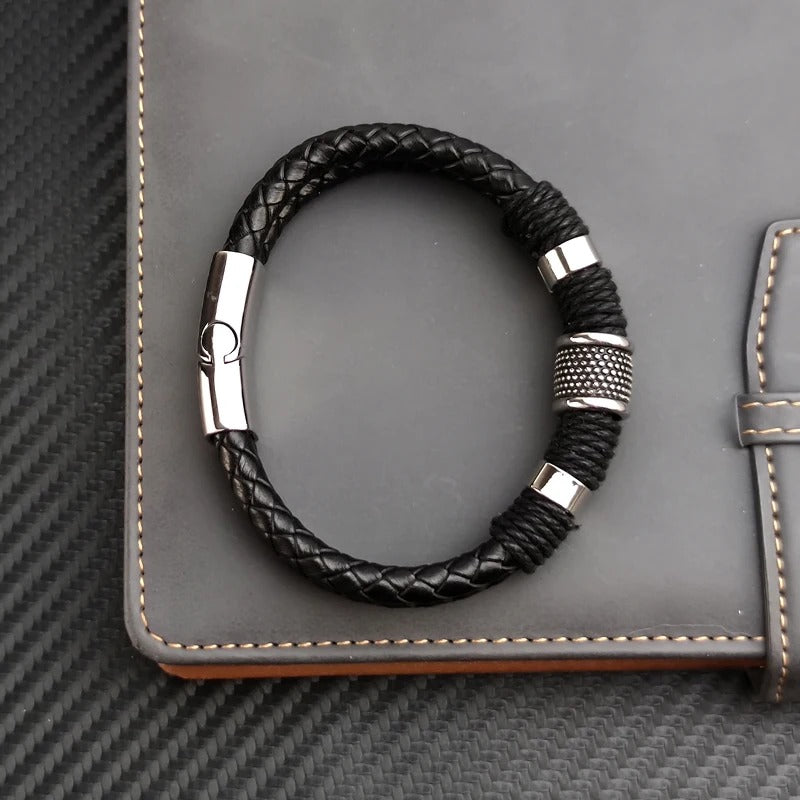 Bracelet Cuir Homme Noir Tressé - Acier Inoxydable