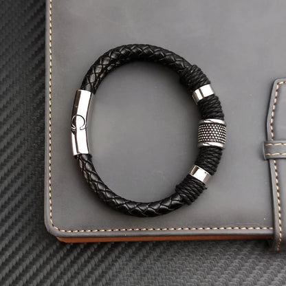 Bracelet Cuir Homme Noir Tressé - Acier Inoxydable