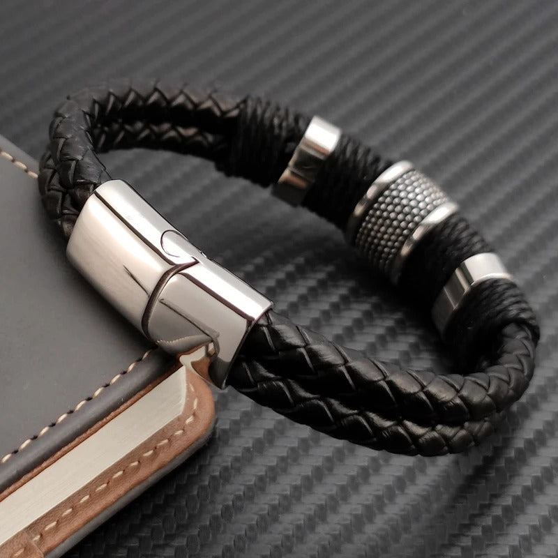Bracelet Cuir Homme Noir Tressé - Acier Inoxydable