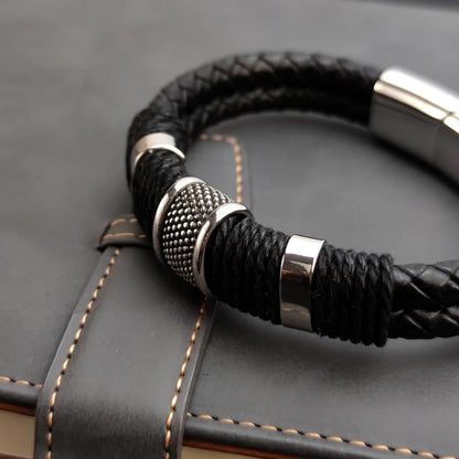 Bracelet Cuir Homme Noir Tressé - Acier Inoxydable